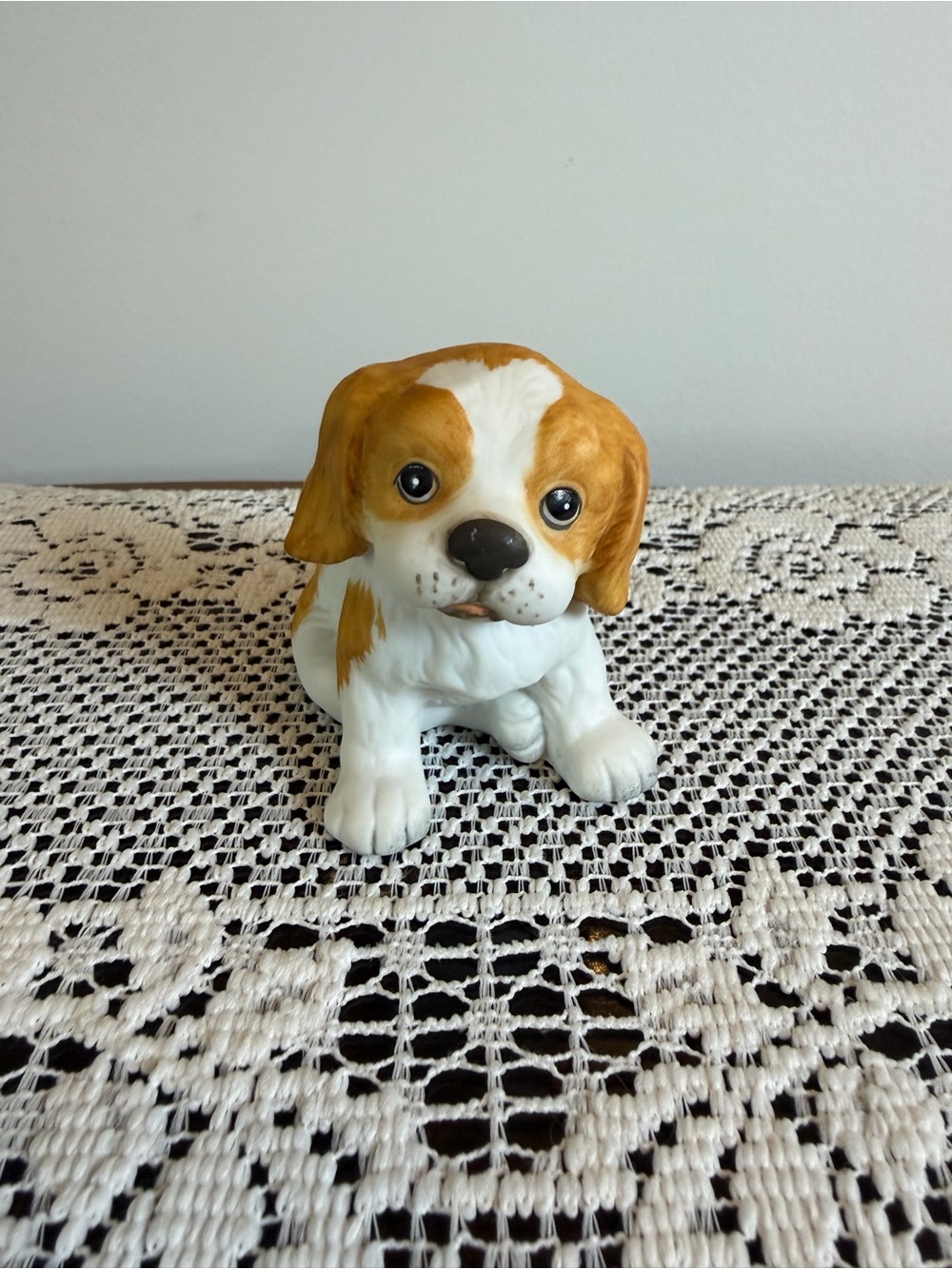 Brown and White Ceramic Puppy Dog Toy Figurine - Decorative Pet Statue by Homeco